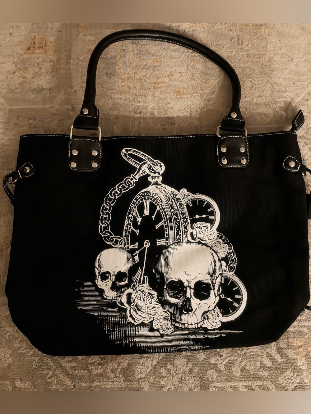 Banned Apparel Gothic Skull Pocket Watch Roses Black Tote Bag Purse 17x12